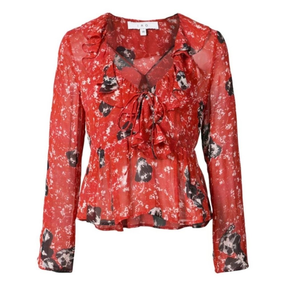 IRO Venecia Floral Motif Red Ruffle Boho Blouse - Sz 38 / M / 6